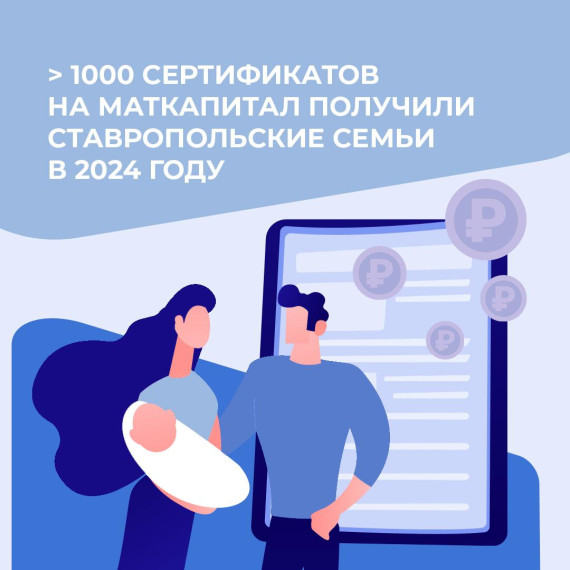 Уже более 1000 сертификатов на маткапитал получили семьи Ставрополья в 2024 году. Уже более 1000 сертификатов на маткапитал получили семьи Ставрополья в 2024 году.